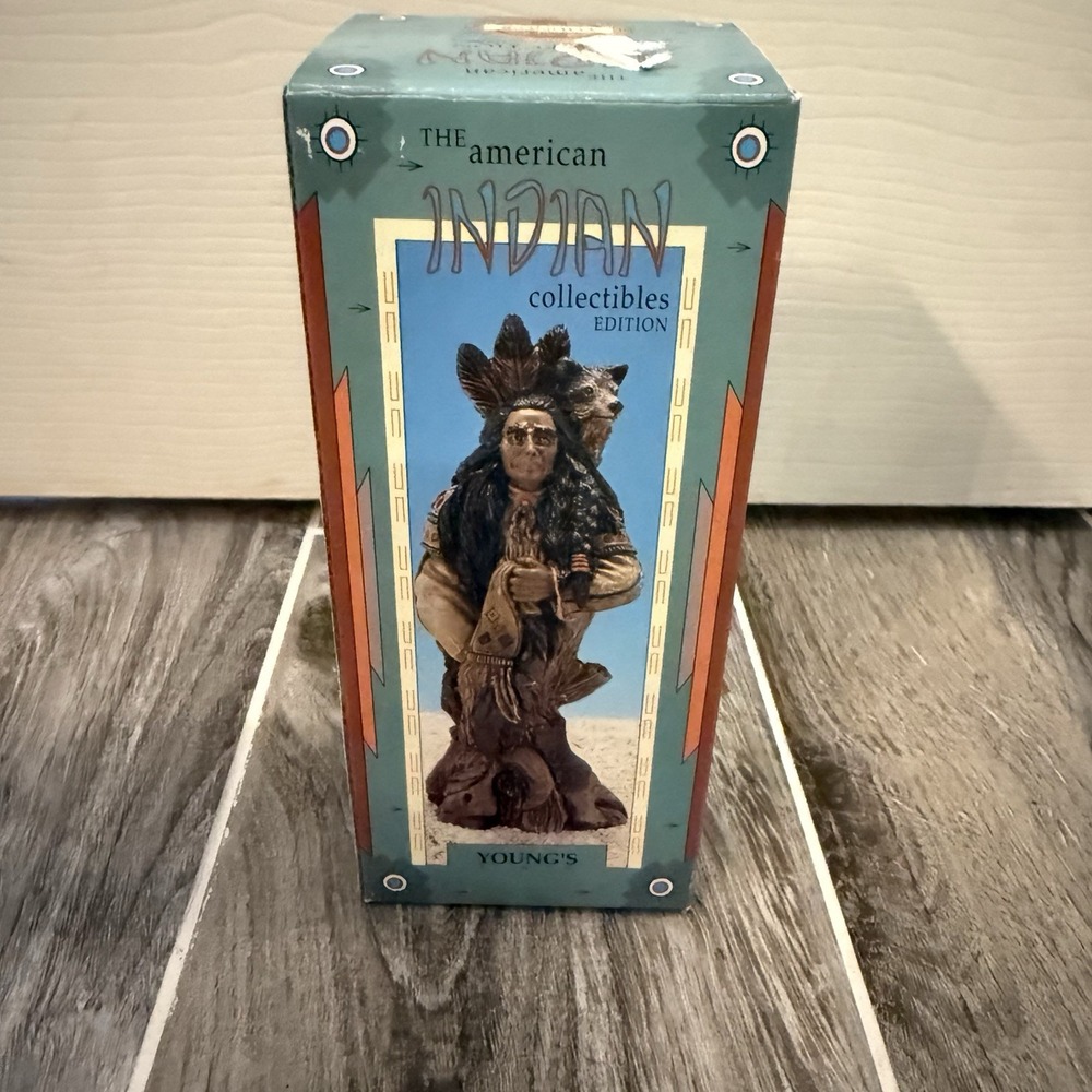 Young's The American Indian Collectible With Wolf Ceramic Native American In Box